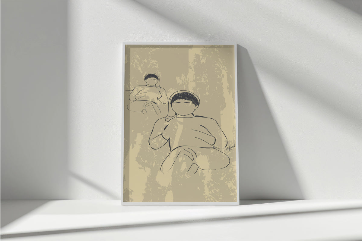A framed minimalist art print featuring a beige and black line drawing of a mother holding her child, displayed on a white shelf against a white wall with soft diagonal shadows.