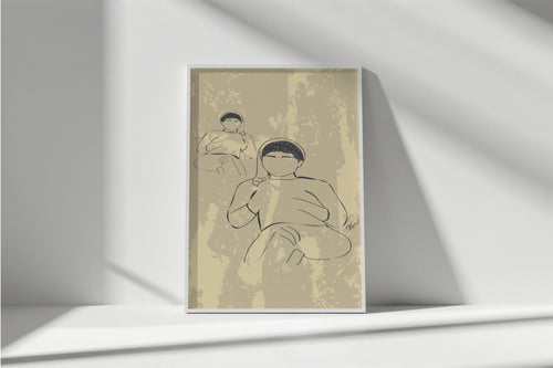 A framed minimalist art print featuring a beige and black line drawing of a mother holding her child, displayed on a white shelf against a white wall with soft diagonal shadows.