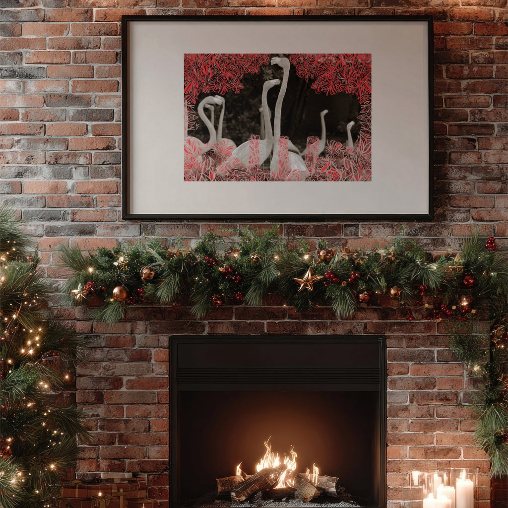 Frames art print with red and pink drawings on photo or black and white birds on brick wall over fireplace