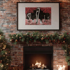 Frames art print with red and pink drawings on photo or black and white birds on brick wall over fireplace