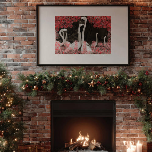 Frames art print with red and pink drawings on photo or black and white birds on brick wall over fireplace