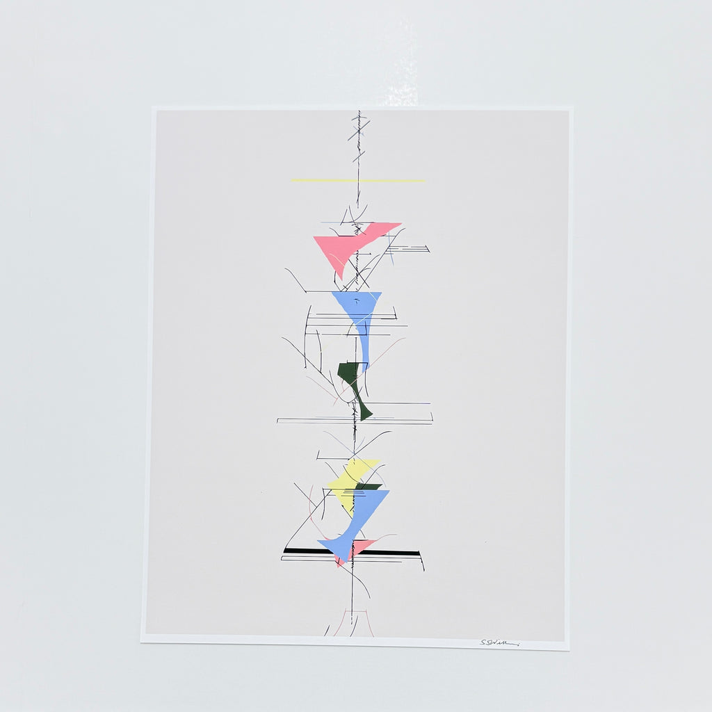 An abstract art print featuring a minimalist geometric composition with pink, blue, yellow, and green shapes on a beige background, presented on a white background