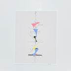 An abstract art print featuring a minimalist geometric composition with pink, blue, yellow, and green shapes on a beige background, presented on a white background