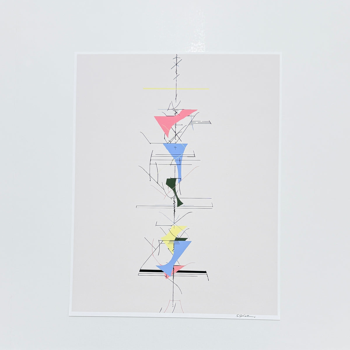 An abstract art print featuring a minimalist geometric composition with pink, blue, yellow, and green shapes on a beige background, presented on a white background