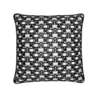 black and white square velvet throw pillow front view on light background 