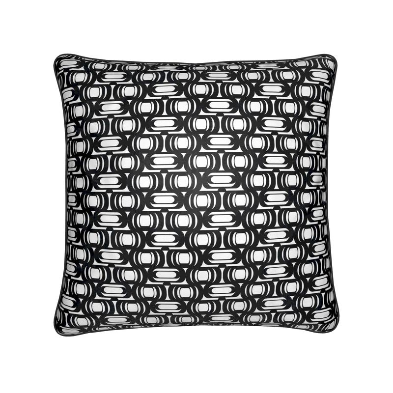 black and white square velvet throw pillow front view on light background 