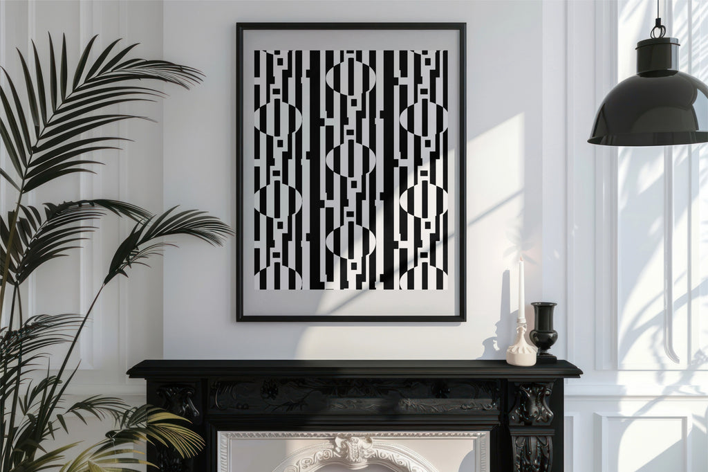Framed black and white abstract pattern on a wall above a fireplace with decorative elements.