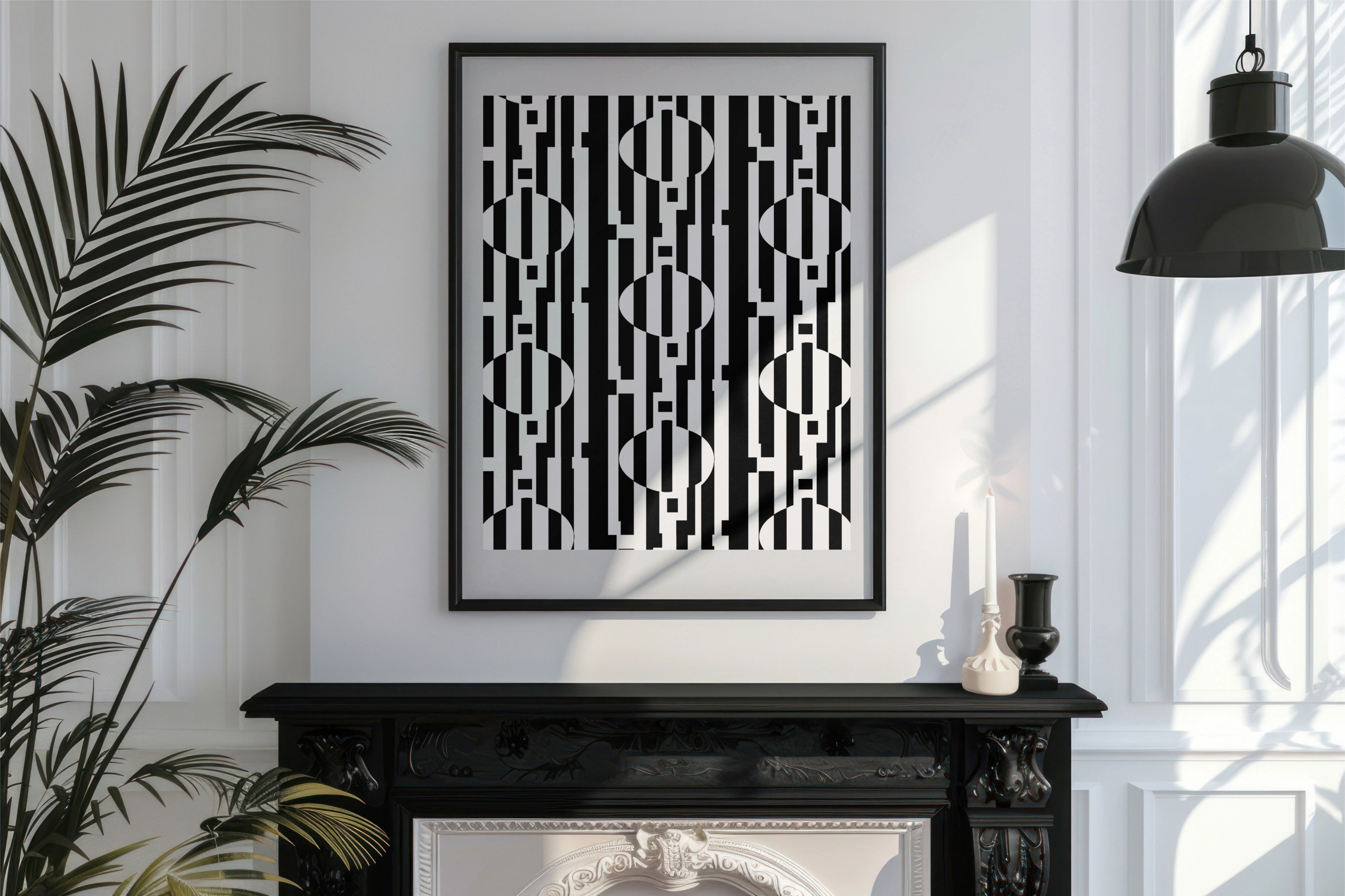 Framed black and white abstract pattern on a wall above a fireplace with decorative elements.