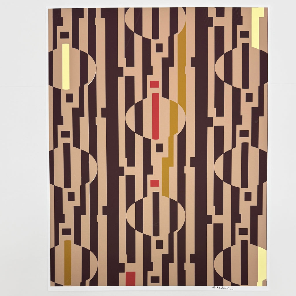 Brown yellow and pink geometric art print on white background