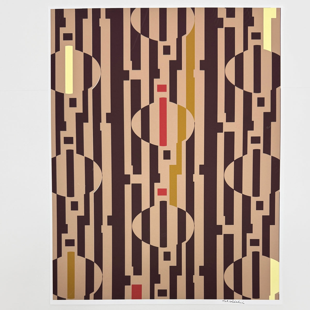 Brown yellow and pink geometric art print on white background